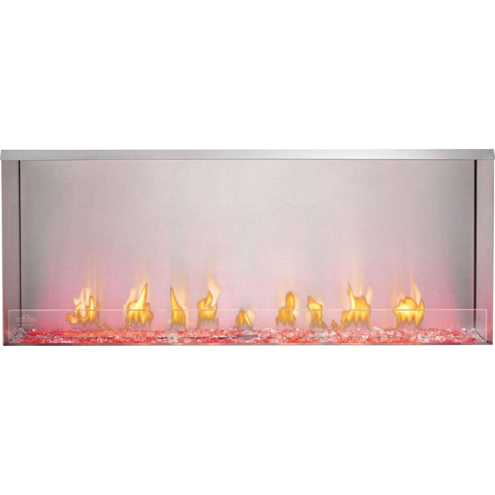 Napoleon Galaxy 50-Inch outdoor gas fireplace with stainless steel firebox, linear flames, and red illuminated glass ember bed
