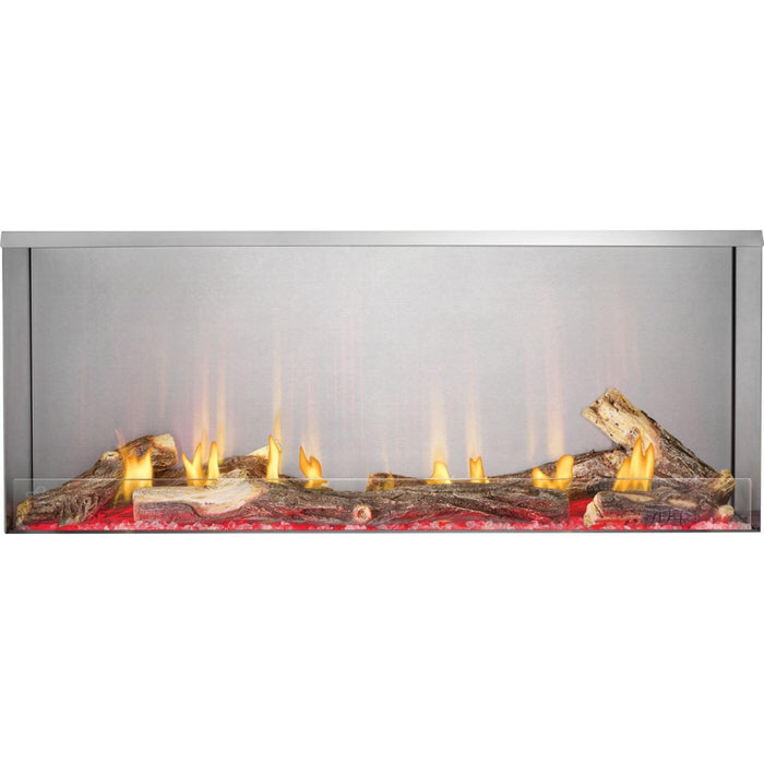 Napoleon Galaxy 50 outdoor gas fireplace with decorative log set, linear flames, glass wind guard, and red illuminated ember bed