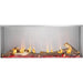 Napoleon Galaxy 50 outdoor gas fireplace with decorative log set, linear flames, glass wind guard, and red illuminated ember bed