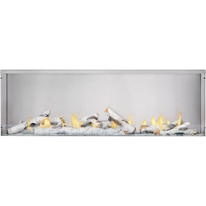 Napoleon Galaxy 62 outdoor gas fireplace with birch log set, stainless steel firebox, glass wind guard, and flames