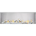 Napoleon Galaxy 62 outdoor gas fireplace with birch log set, stainless steel firebox, glass wind guard, and flames