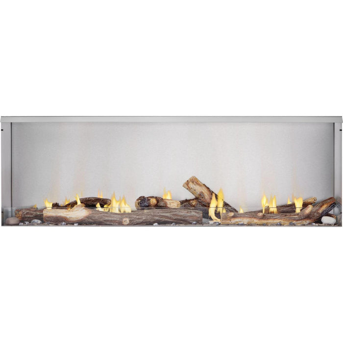 Napoleon Galaxy 62-inch outdoor gas fireplace featuring a driftwood log set and linear flame presentation