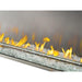 Close-up of Napoleon Galaxy 62 outdoor gas fireplace with clear glass embers, linear burner, wind guard, and flames