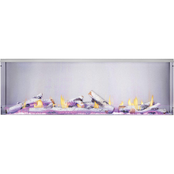 Napoleon Galaxy 62 outdoor gas fireplace with birch logs, flames, clear glass media, and multi-color LED ember lighting