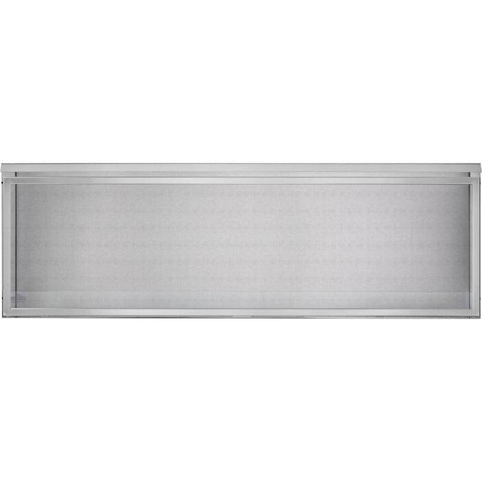 Front view of Napoleon Galaxy 62 outdoor gas fireplace stainless steel firebox with clean-face linear design