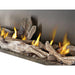 Close-up of Napoleon Galaxy 62 outdoor gas fireplace with realistic driftwood logs and natural gas flames