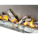 Close-up of Napoleon Galaxy 62 outdoor gas fireplace with birch log set, clear glass embers, and glass wind guard