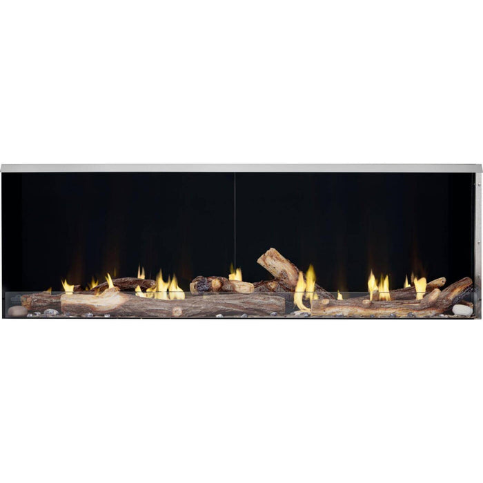 Napoleon Galaxy 62-inch outdoor gas fireplace with driftwood log set, flames, and black reflective interior panels