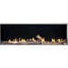 Napoleon Galaxy 62-inch outdoor gas fireplace with driftwood log set, flames, and black reflective interior panels