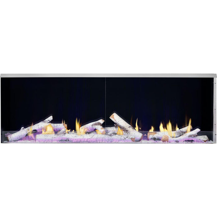Napoleon Galaxy 62 outdoor gas fireplace with birch logs, flames, black reflective panels, and purple LED ember lighting