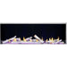 Napoleon Galaxy 62 outdoor gas fireplace with birch logs, flames, black reflective panels, and purple LED ember lighting