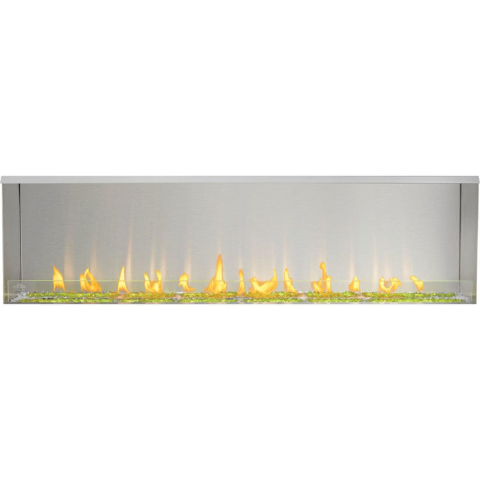 Napoleon Galaxy 74-inch single-sided outdoor gas fireplace with stainless steel firebox, glass wind guard, and illuminated glass embers.