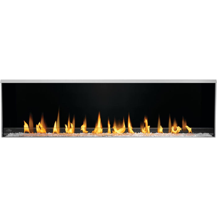 Napoleon Galaxy 74-inch natural gas outdoor fireplace featuring a black firebox, clear glass embers, and wide linear flame display.