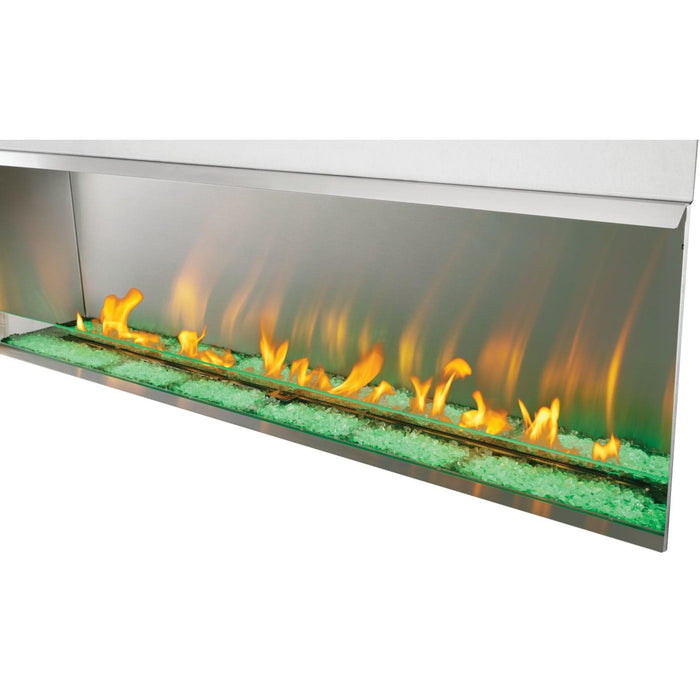 Napoleon Galaxy outdoor gas fireplace stainless steel control panel with illuminated buttons for fireplace and LED lighting operation.