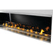 Napoleon Galaxy 74-inch outdoor gas fireplace with blue LED ember bed lighting, glass wind guard, and stainless steel firebox.