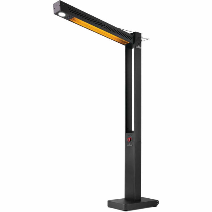 Napoleon Phantom 1,500W freestanding outdoor electric infrared patio heater in matte black with adjustable cantilever arm and LED spotlight