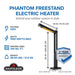 Napoleon Phantom Freestand electric patio heater specifications showing 1,500W power, 120V operation, dimensions, and heating coverage