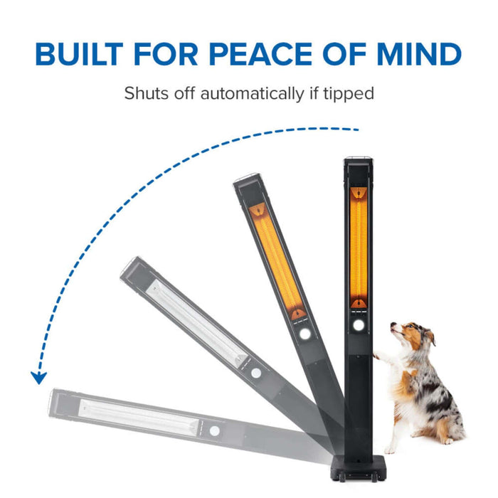 Napoleon Phantom freestanding patio heater demonstrating automatic anti-tip shutoff protection with adjustable heater arm