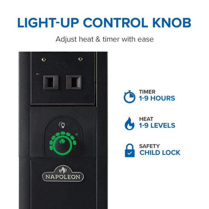 Napoleon Phantom infrared patio heater illuminated control knob with nine heat levels, 1–9 hour timer, and child-lock feature