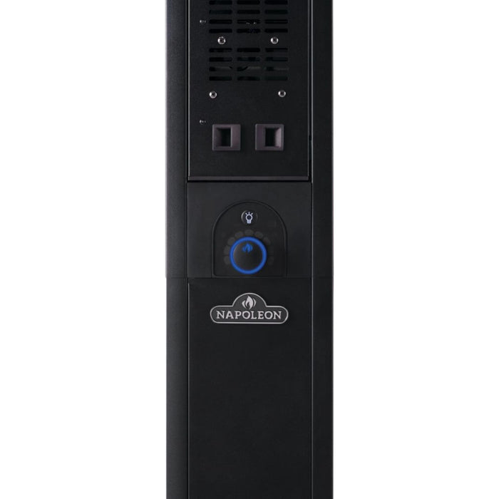 Close-up of Napoleon Phantom freestanding electric patio heater illuminated control panel and matte-black housing