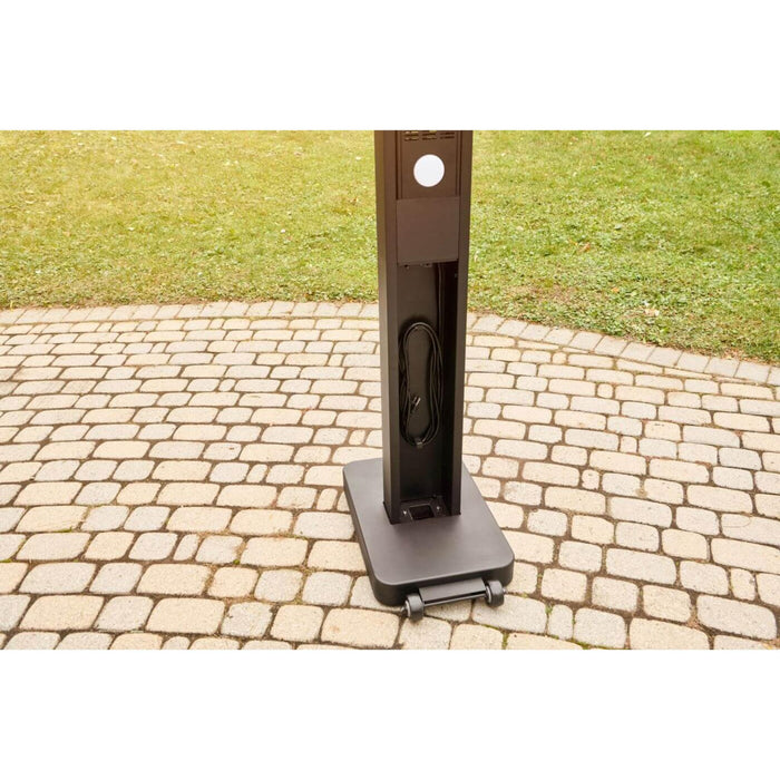 Rear view of Napoleon Phantom freestanding electric infrared patio heater showing integrated power cord storage and wheeled base