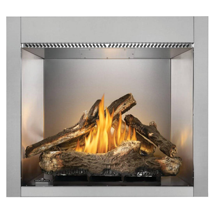 Napoleon Riverside 36-inch outdoor natural gas fireplace with realistic oak logs, burning flames, and stainless steel firebox.