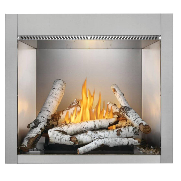Napoleon Riverside 36-inch single-sided outdoor natural gas fireplace featuring white birch logs and realistic yellow flames.