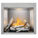 Napoleon Riverside 36-inch single-sided outdoor natural gas fireplace featuring white birch logs and realistic yellow flames.