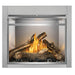 Front view of Napoleon Riverside 36-inch outdoor gas fireplace with oak logs, decorative metal front frame, and stainless steel firebox.