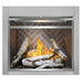 Napoleon Riverside 36-inch outdoor natural gas fireplace with white birch logs, herringbone decorative interior panels, and metal front frame.