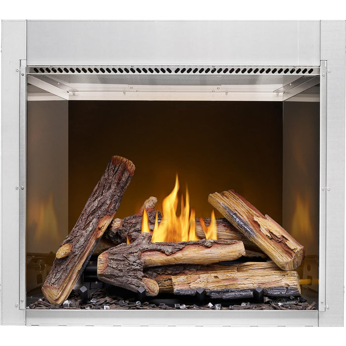 Napoleon Riverside 36-inch outdoor gas fireplace featuring realistic split oak logs, natural-looking flames, and dark interior panels.