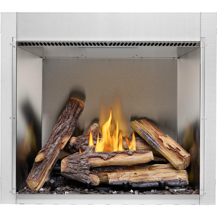 Napoleon Riverside 36-inch natural gas outdoor fireplace with split oak logs, glowing flames, and stainless steel firebox interior.