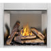 Napoleon Riverside 36-inch natural gas outdoor fireplace with split oak logs, glowing flames, and stainless steel firebox interior.