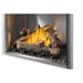 Angled close-up of Napoleon Riverside 36-inch outdoor natural gas fireplace featuring realistic oak logs and bright yellow flames.
