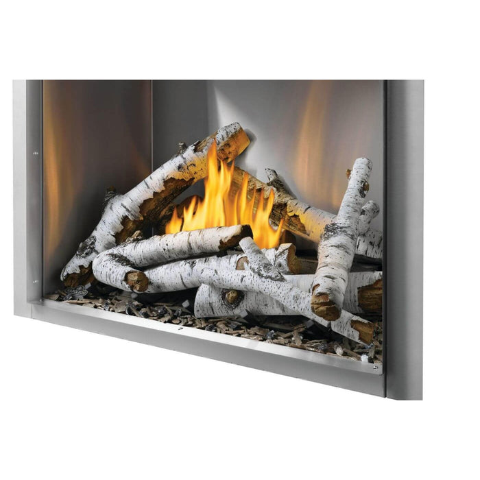 Napoleon Riverside 36-inch single-sided outdoor gas fireplace with oak logs, decorative ember media, and stainless steel surround.