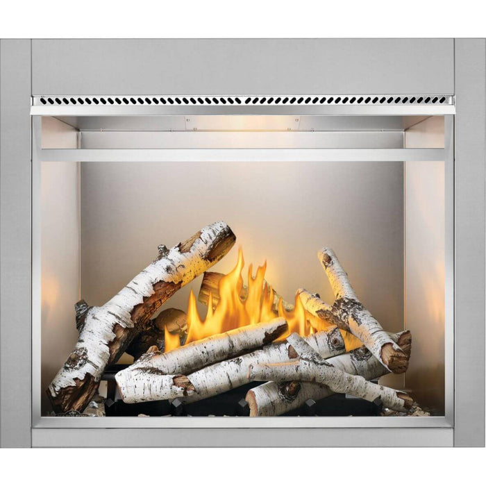 Napoleon Riverside 42-inch outdoor natural gas fireplace with realistic birch logs, burning flames, and stainless steel clean-face design.