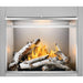 Napoleon Riverside 42-inch outdoor natural gas fireplace with realistic birch logs, burning flames, and stainless steel clean-face design.