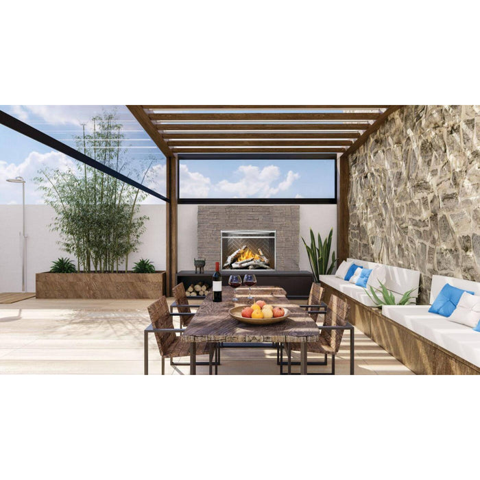 Napoleon Riverside 42 built-in outdoor gas fireplace installed in a stone patio wall with pergola, dining table, and outdoor seating.