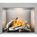 Front view of Napoleon Riverside 42-inch natural gas outdoor fireplace featuring high-definition birch logs and a stainless steel firebox.