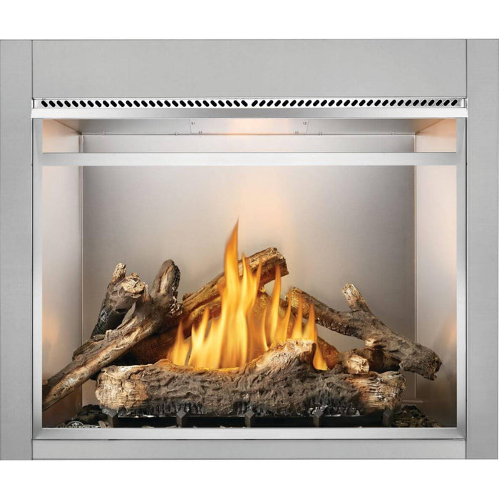 Napoleon Riverside 42 outdoor gas fireplace with realistic oak-style logs, vibrant flames, and traditional clean-face design.