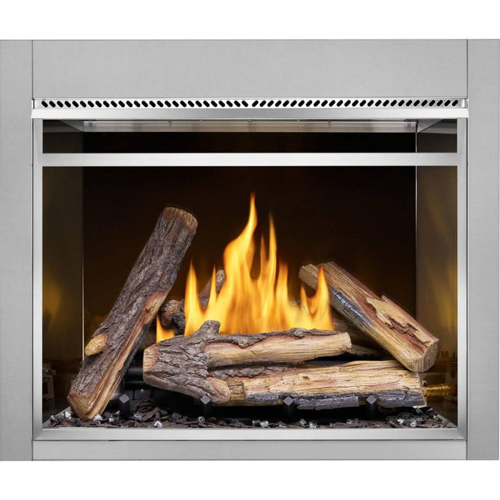 Napoleon Riverside 42 single-sided outdoor natural gas fireplace with realistic oak logs, burning flames, and dark interior panels.