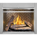 Napoleon Riverside 42 outdoor fireplace featuring oak-style logs, vibrant flames, and decorative herringbone interior panels.