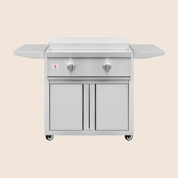 Summerset 30-inch Griddle Pro with stainless steel cart, double doors, folding side shelves, and caster wheels.