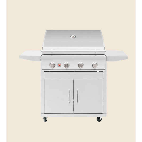 Summerset 32-inch Sizzler grill cart with stainless steel cabinet, folding side shelves, double access doors, and caster wheels.