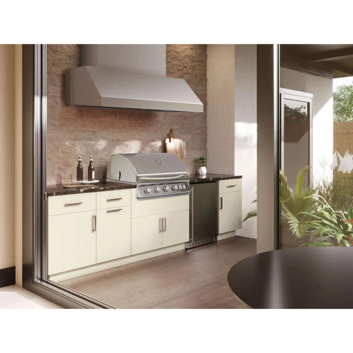 Covered outdoor kitchen with stainless steel Summerset vent hood installed above a built-in gas grill and outdoor refrigerator.