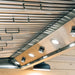Underside of Summerset 42-Inch Outdoor Vent Hood showing stainless steel baffle filters, LED lights, and control knobs