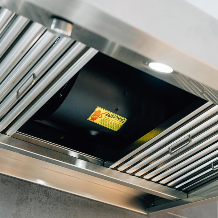 Summerset 42-Inch Outdoor Vent Hood interior with removable stainless steel baffle filters and blower housing