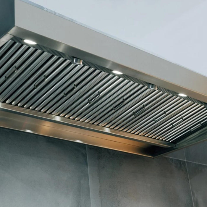 Close-up of Summerset Outdoor Vent Hood control knob and integrated LED lighting beside stainless steel baffle filters