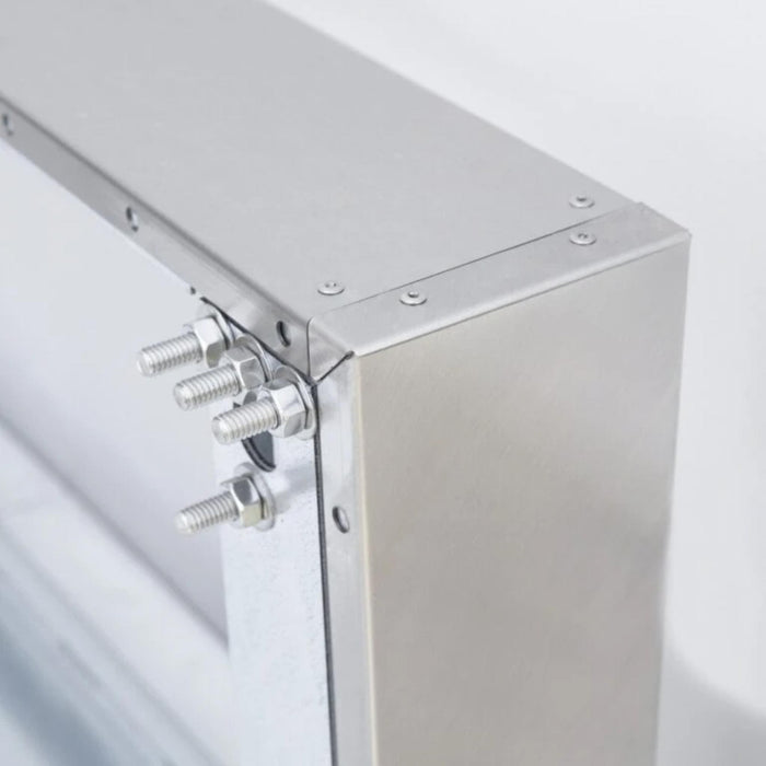 Close-up of Summerset 4-Inch Vent Hood Spacer Bracket stainless steel finish and mounting hardware