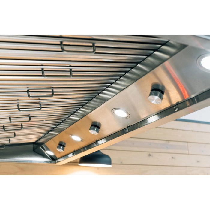 Summerset 48-Inch Outdoor Vent Hood underside with stainless steel baffle filters, LED lights, and control knobs
